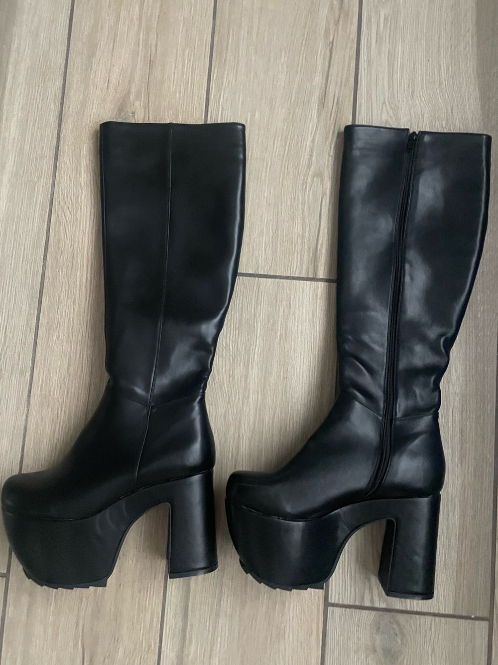 Black Platform Knee High Go Go Boots Chunky Heel Women’s 9